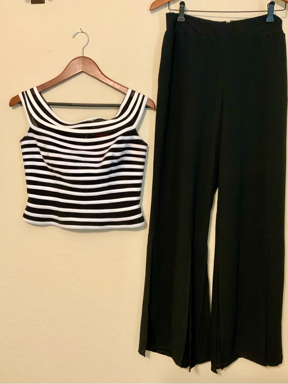 JS Collections Split Leg Pants with Black & White Striped Top, Evening Outfit